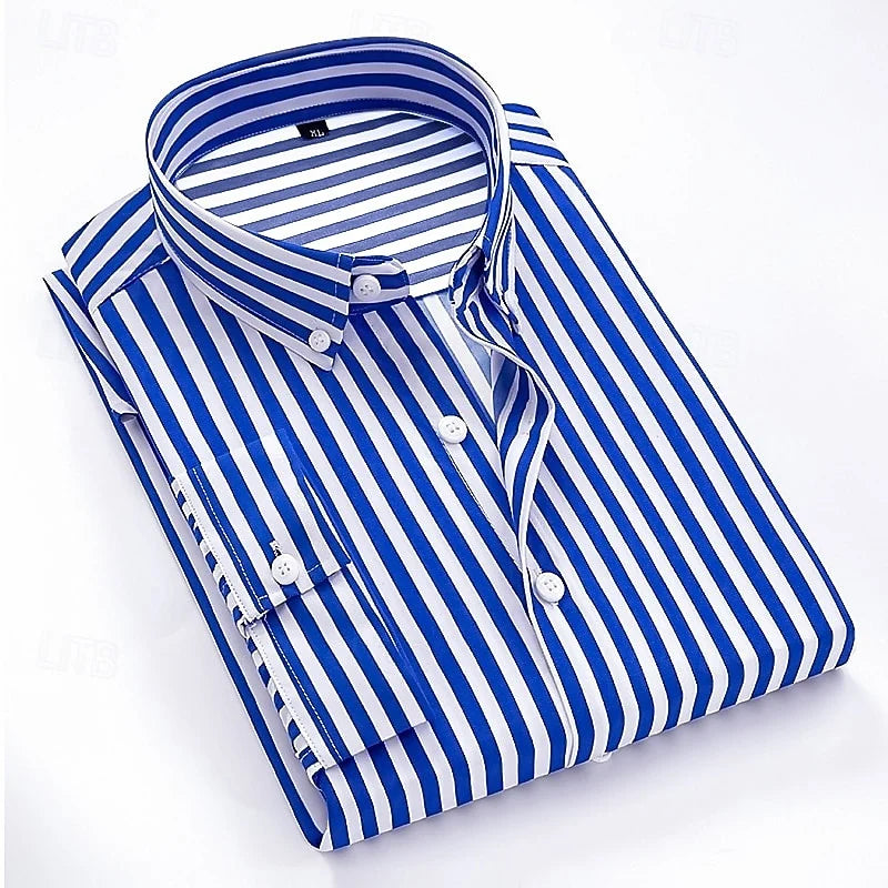 2025 Men's Formal Shirt Striped Shirt Button Lapel Soft Shirt Wedding Black White Red Navy Blue Long Sleeve Clothing XS-6XL