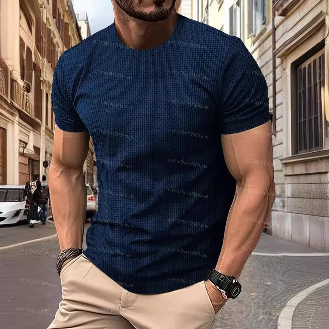 2025 New Summer Men's High-End Mesh Ice Silk Round Neck Short Sleeve Acrylic Anti-Wrinkle Pop Breathable High Street Polo Shirt