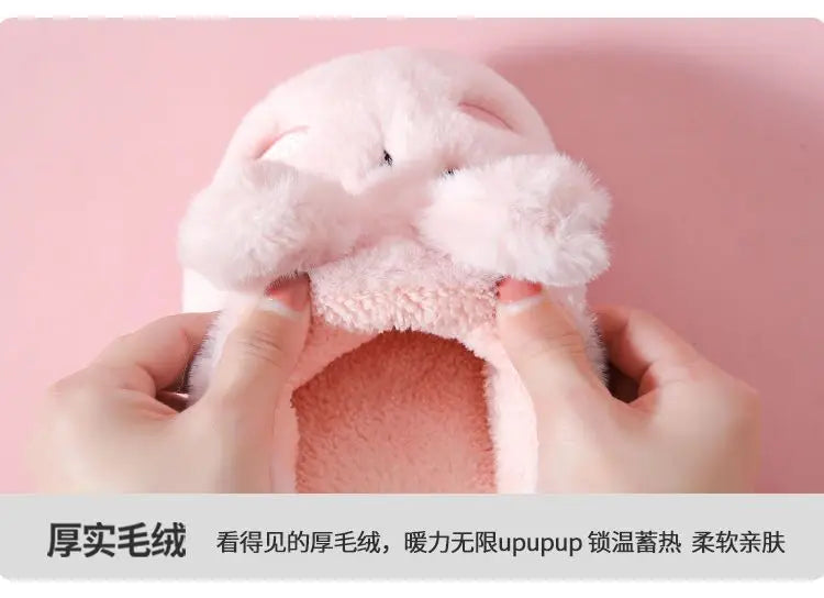 8 cm High platform fur slippers women's winter fluffy ear home shoes woman white bunny rabbit slippers woman house clog shoes