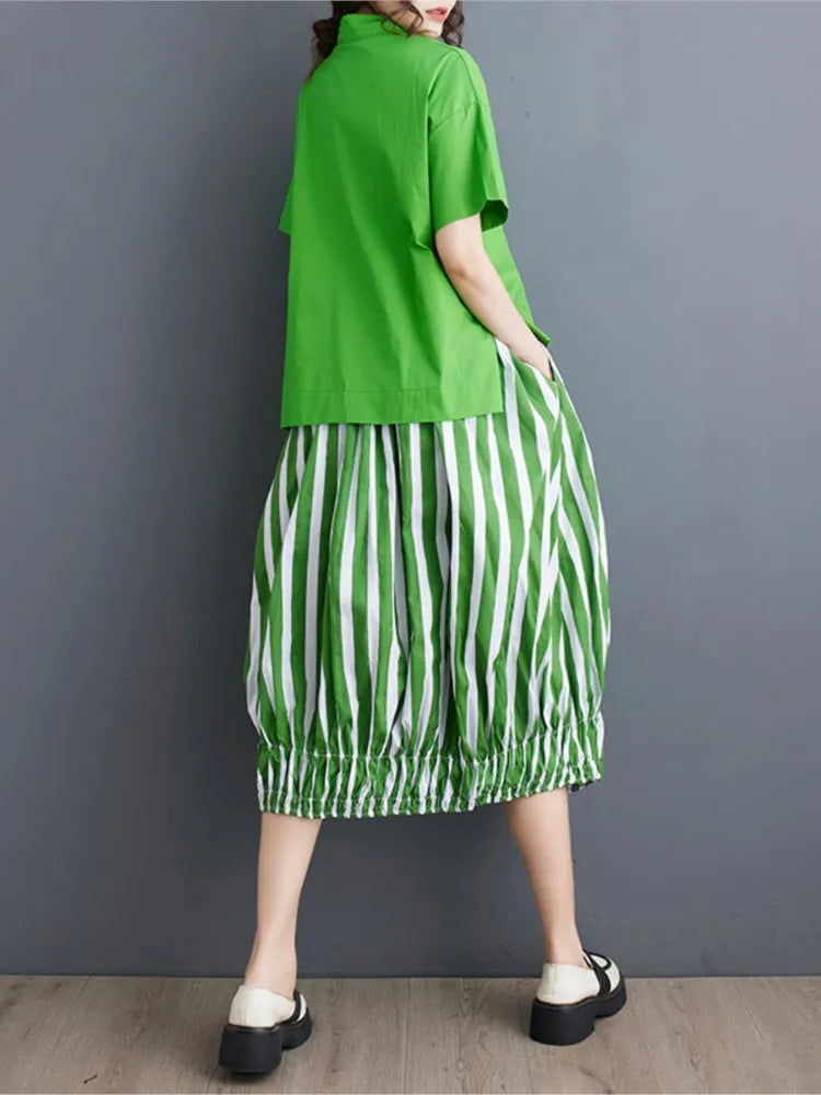 Summer Striped Print 2 Two Piece Set Women Irregular Patchwork Fashion Ladies Cropped Shirts Loose Casual Pleated Woman Skirts Viralgem Store