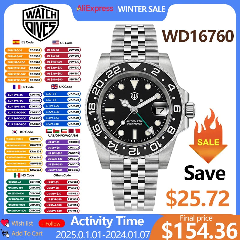 Watchdives WD16760 NH34 Sub GMT Watch Stainless Steel Sapphire Automatic Movement BGW9 Luminous 300m Waterproof Watches for men