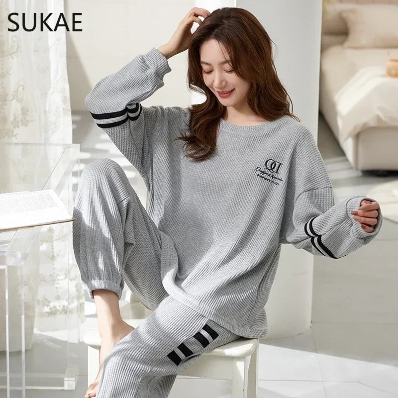 SUKAE Waffle Cotton Korean Minimalist Style Women Pajamas Spring Autumn Long Sleeves Lady Sleepwear Kawaii Round Neck Homesuits