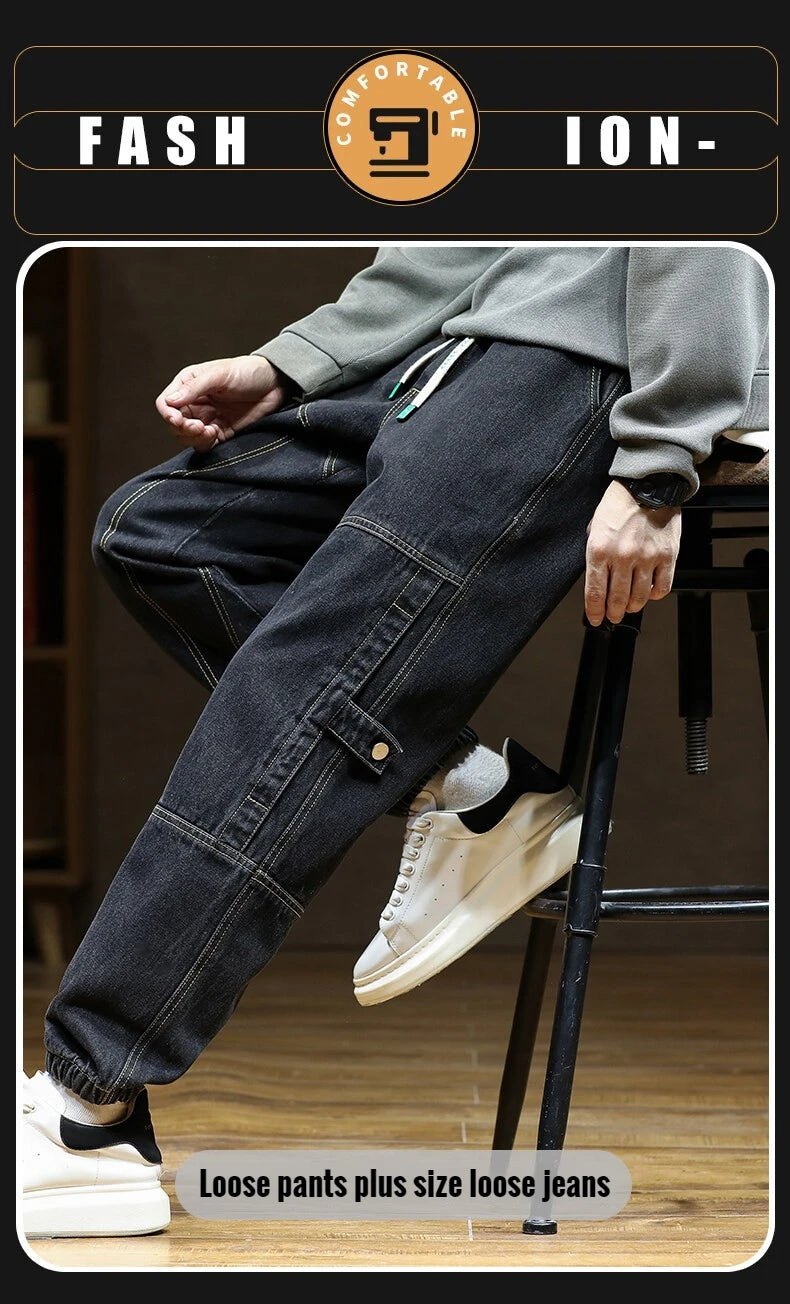Spring Autumn Jean Men Elastic Waist Harem Hip-hop Denim Pant Male Street Fashion Big Size Loose Fit Baggy Jogger Cowboy Trouser