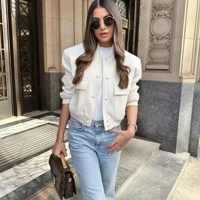 2024 Woman Bomber Jacket Coat White Autumn Winter Button Baseball Aviator Cropped Jackets For Women Long Sleeve Crop Outerwear