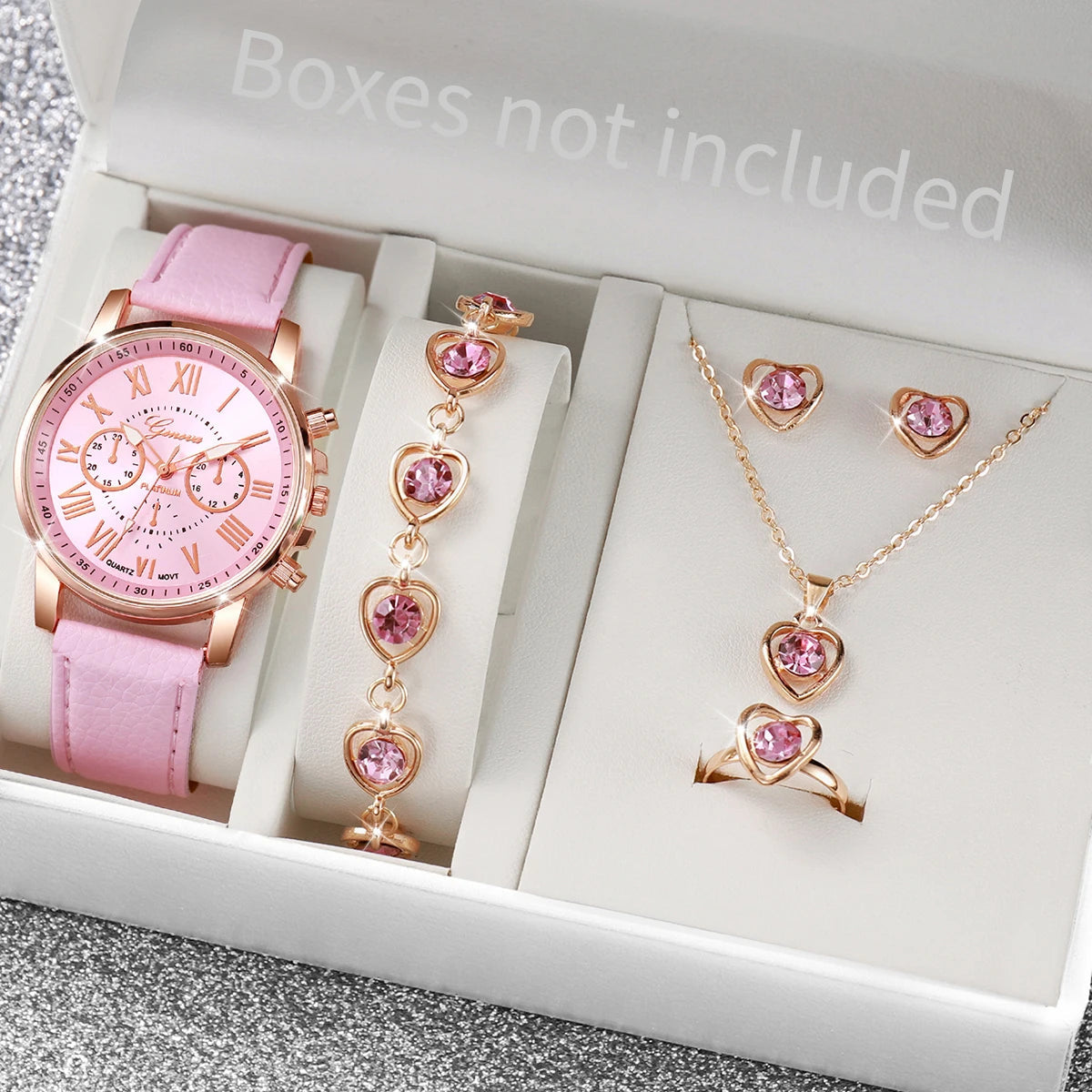 5/6PCS Fashion Women's Quartz Watch Leather Band Analog Wrist Watches Heart Rhinestone Jewelry Set(Without Box) Viralgem Store