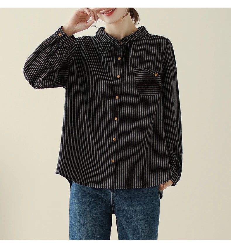 Women Long Sleeve Casual Shirt New Arrival 2024 Spring Korean Style Vintage Striped Loose Female Basics Cotton Tops Shirts B3254