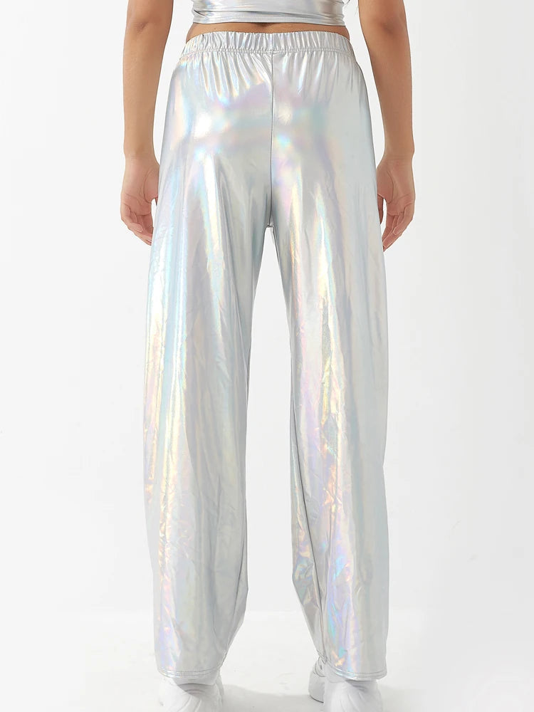 Women Adult Shiny Straight Leg Pants Casual High Waist Metallic Pants Super Long Holographic Pants Disco Bottoms Viralgem Store