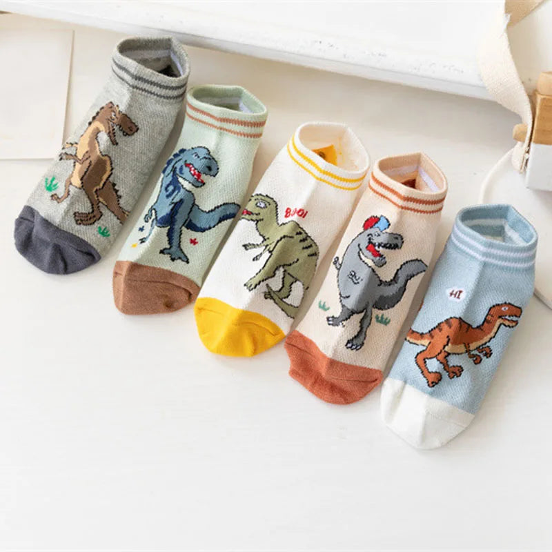 5 Pairs Boy's Dinosaur Pattern Socks Comfortable Breathable Casual Soft Kids Socks