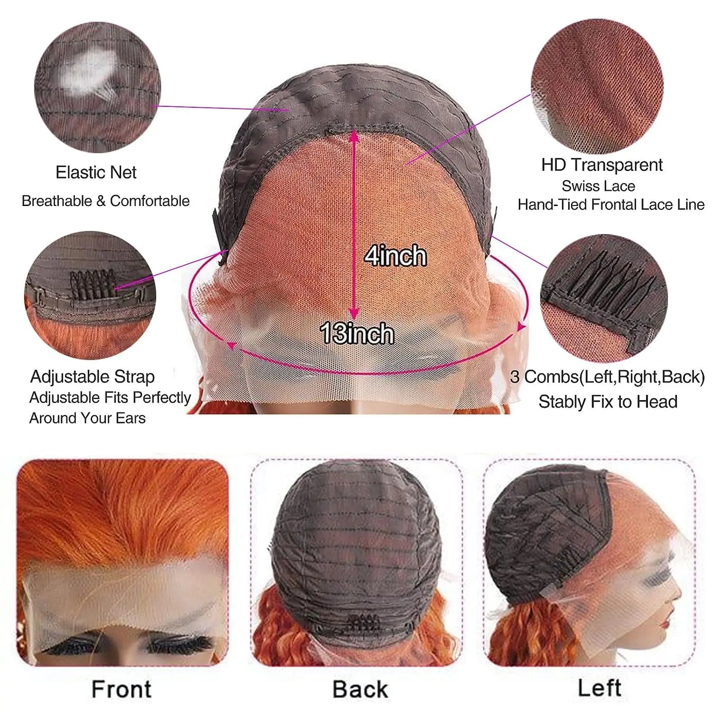 Swupod 13x4 13x6 220% Density Transparent HD Lace Front Wig for Women Deep Wave Remy Human Hair Ginger Orange 350# Loose Curly