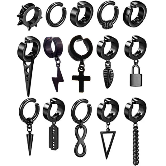 1-15 Pieces Clip on Earrings Set for Men Stainless Steel Black Fake Piercing Earring Mens Hoop Non-piercing Earrings