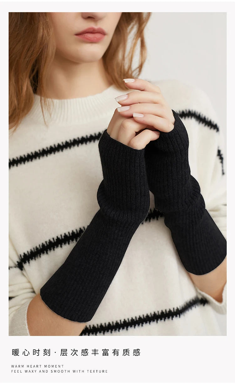 Winter Women 100% Cashmere Long Mitts 25cm Fine Knitted Fingerless Gloves Y2k Thermal Gloves Semi Finger Lengthen Arm Warmers Viralgem Store