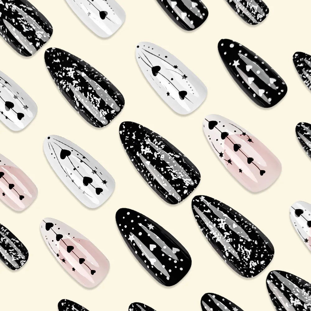 24pcs/set short Medium fake nails square ballet almond nail tips pink beautiful heart for Valentine's Day press on false nails