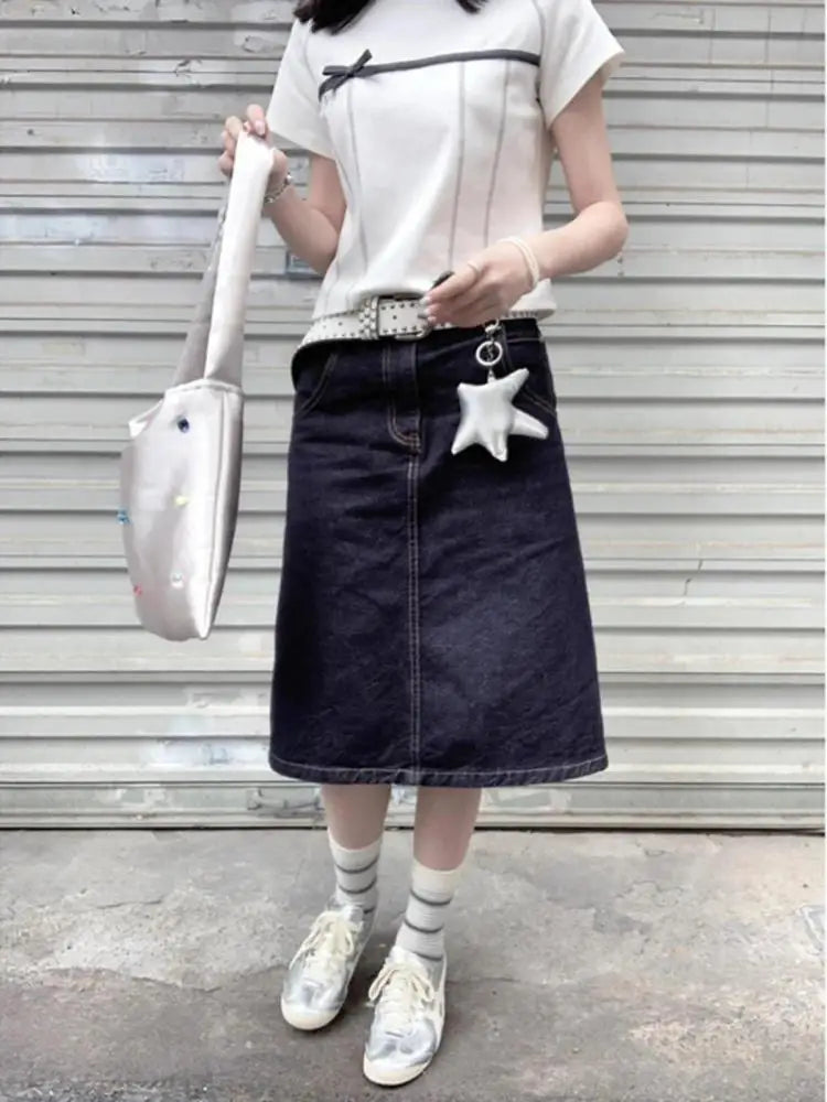 Yedinas High Quality Cotton T Shirt Women Clothes Korean Fashion Summer Tops Short Sleeve Bow Bright Line Decoration Tees Y2k