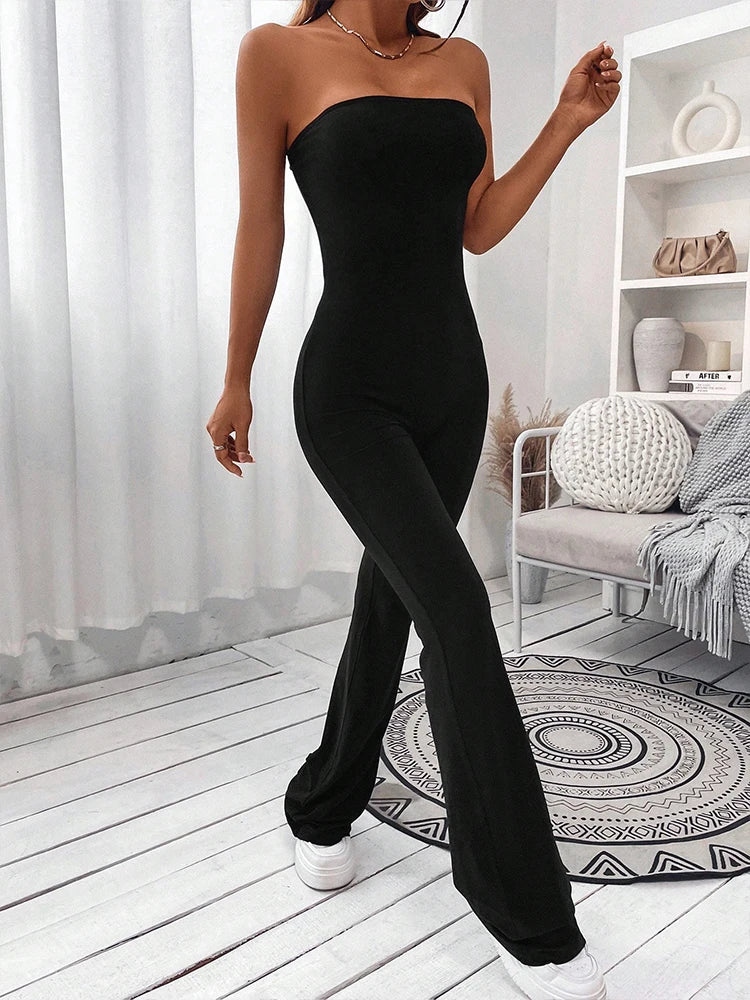 2025 Summer New Women's Bustier Jumpsuit Temperament Elegant Solid Color One-Piece Pants Pants Leg Slim Hip-Lifting Jumpsuit
