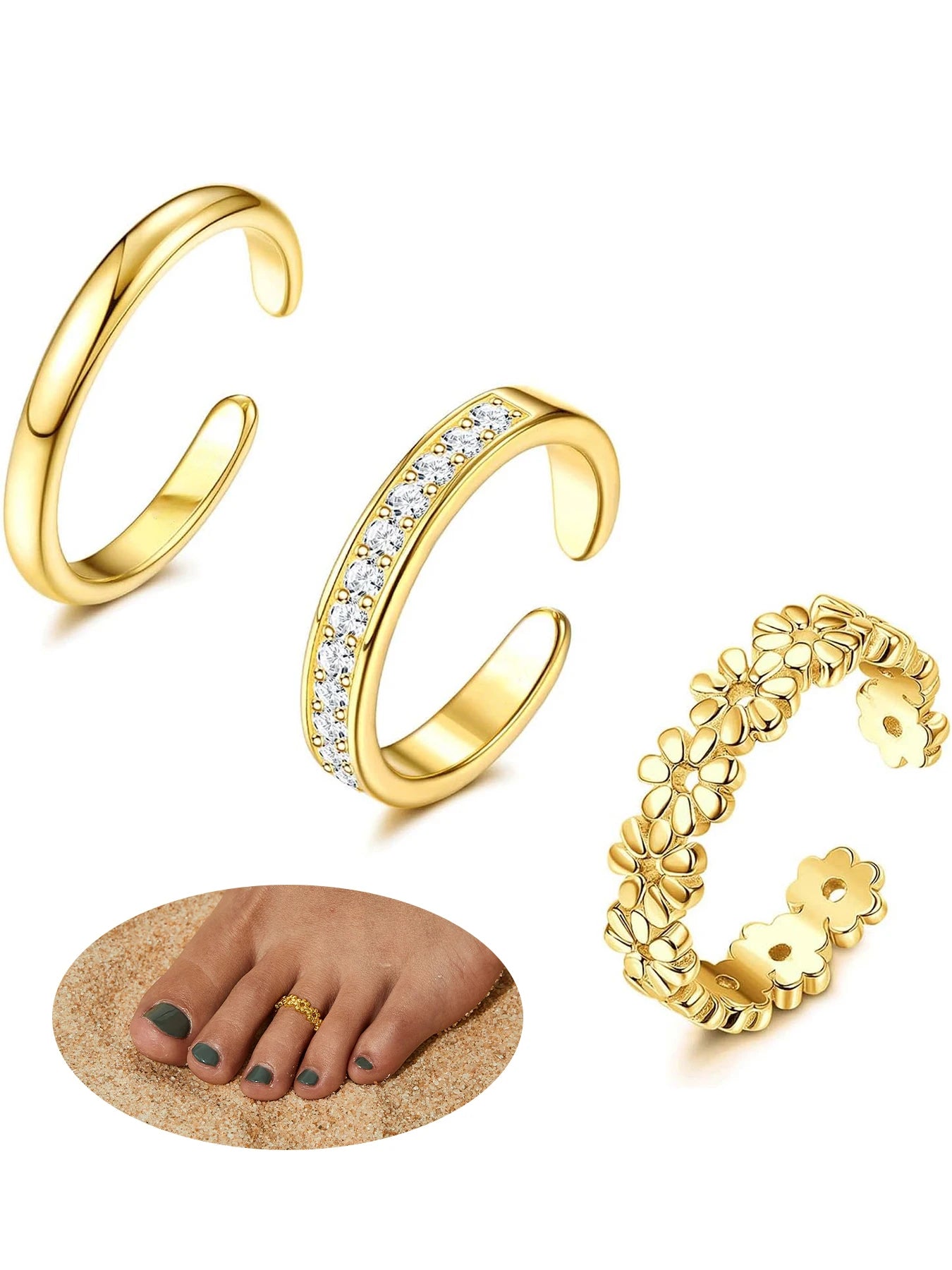 3pcs Fashionable Luxurious Open Adjustable Zircon Foot Ring Women's Beach Vacation Foot Joint Ring Toe Ring Set Jewelry Viralgem Store