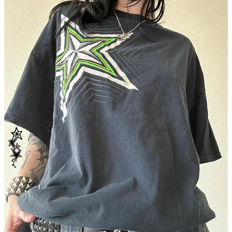 y2k Grunge Crop Top Women Summer Gothic Star Print Round Neck Short Sleeve T Shirt 2000s Cybercore Clothes Streetwear