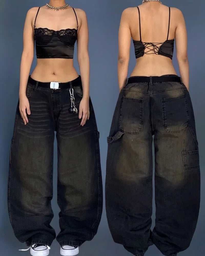 Y2K New Harajuku Fashion Black Washed Old Baggy Jeans Women Street Trend Vintage Hip Hop Gothic High Waist Wide Leg Wide Pants