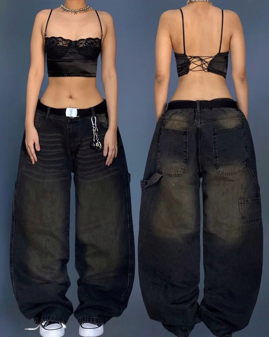 Y2K New Harajuku Fashion Black Washed Old Baggy Jeans Women Street Trend Vintage Hip Hop Gothic High Waist Wide Leg Wide Pants