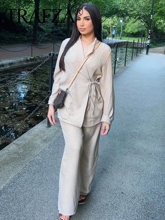 TRAFZA 2024 Women Fashion Solid Shirt Pant Set Asymmetric Laced Up Blouse Top+Elastic Waist Loose Wide Leg Pant 2 Piece Suits