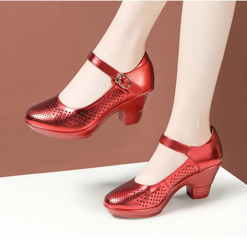 5.5cm 7.5cm Small Size 33 Breathable Cutout Block Heels Shoes Mary Janes 2024 Soft Leather Platform Pumps for Mom Dance Model