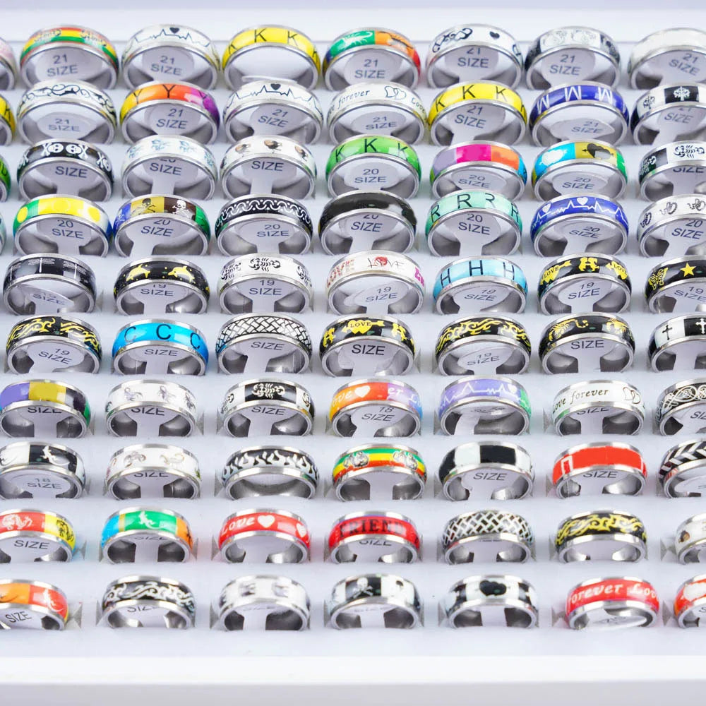 10/20/30/50Pcs Classic Fashion Stripe Hollow Colorful Sticker Stainless Steel Ring Trend Women Jewelry Party Decoration Gift