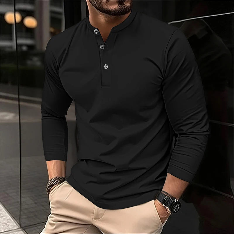 2025 Men's Summer Long Sleeve Henry Polo Casual Breathable Comfortable Polo Shirt Solid High Quality Male T-Shirt Dropshipping Viralgem Store