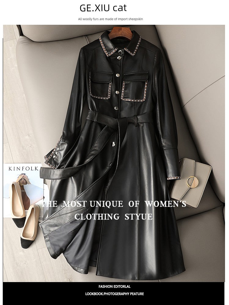 2024 Spring & Fall New Arrival Elegant Large Skirt Sheepskin Genuine Leather Clothes Mid Length Long Length Trench Coat Outwear Female Silm European Goods Viralgem Store