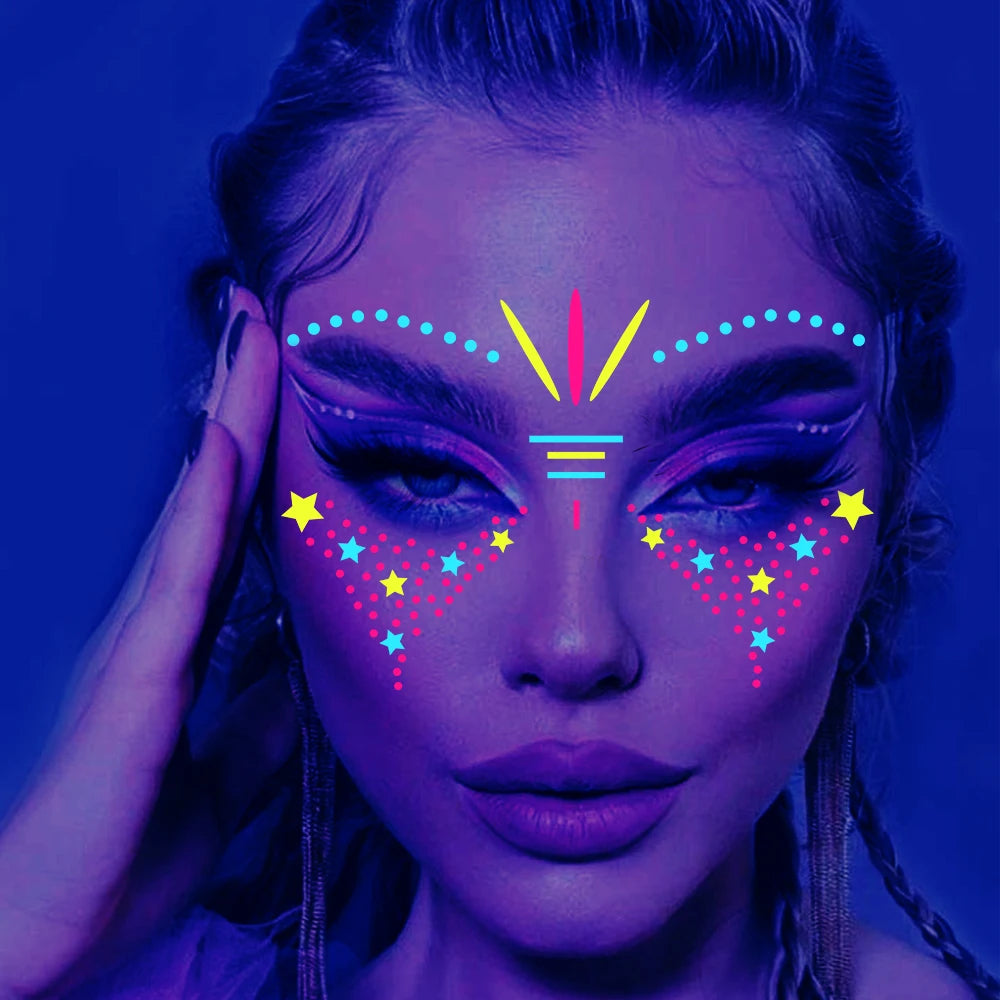 1Pcs Halloween Fluorescent Face Stickers 12-Styles Feather/Flowers/ButterflyDesign Tattoo Sticker Waterproof Glowing Face Decals Viralgem Store