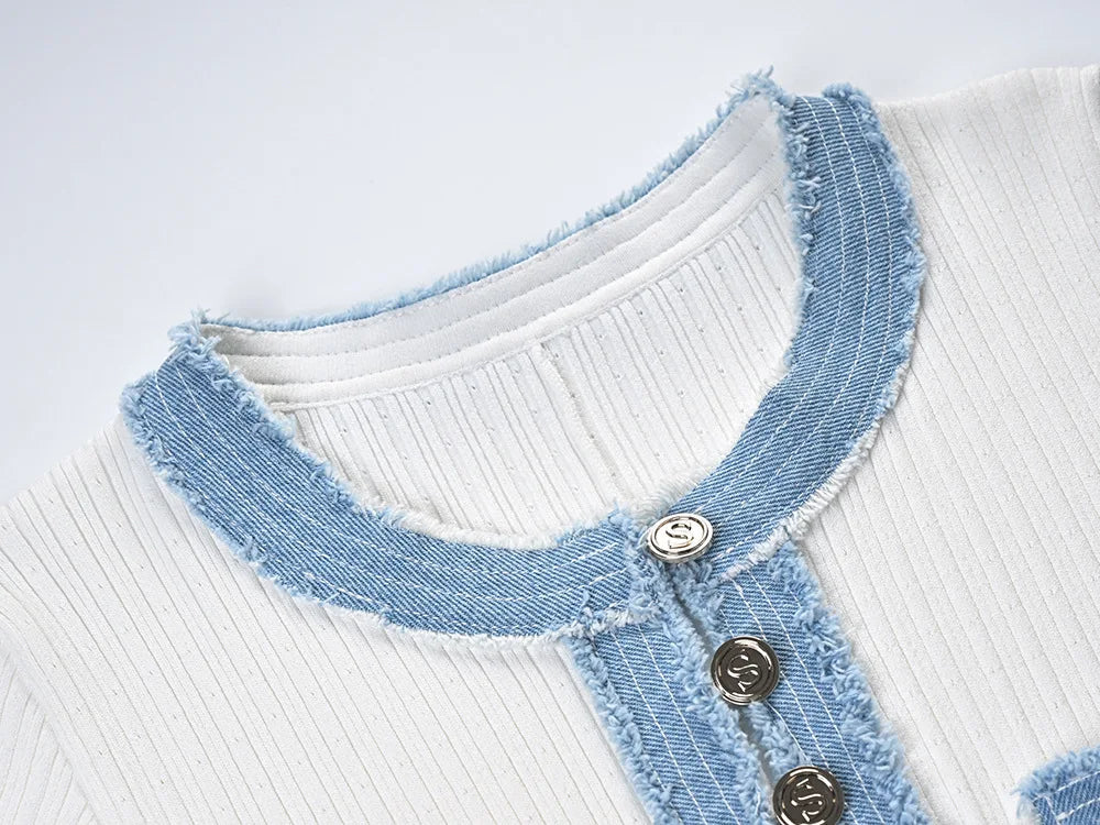 2024 New Summer Elegant Women Knitted Maxi Dress Chic O-neck Short Sleeve Denim Patchwork Bodycon Dresses Office Lady Robe Viralgem Store