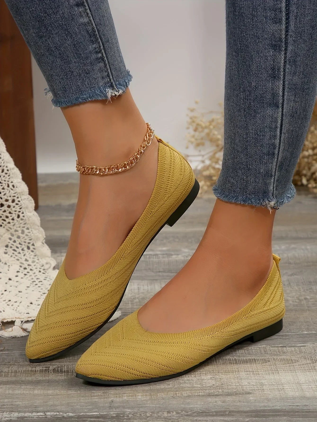 Women's Pointed Toe Flat Shoes Solid Color Knitted Slip on Shoes Casual Breathable Ballet Flats Women Flat Shoes Loafers Women Viralgem Store