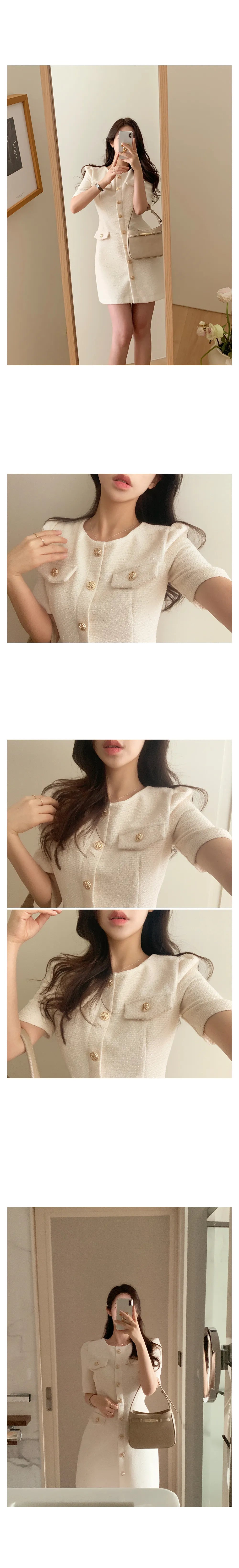 Temperament  Small Fragrance O-neck Vestidos 2024 Summer Korean Chic High Sense Tweed Puff Sleeve Dress Short Dresses Woman