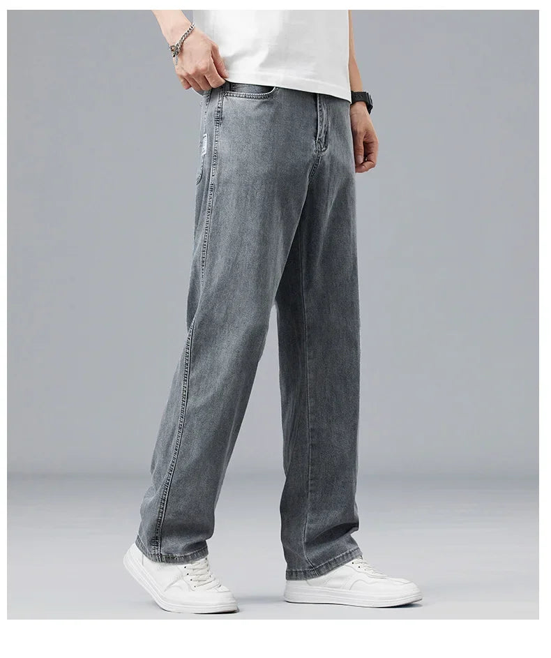 2025 New Summer Ultra-thin Lyocell Men's Jeans Drape Soft Fabric Loose Straight Casual Denim Pant Elastic Ice Silk Male Trousers