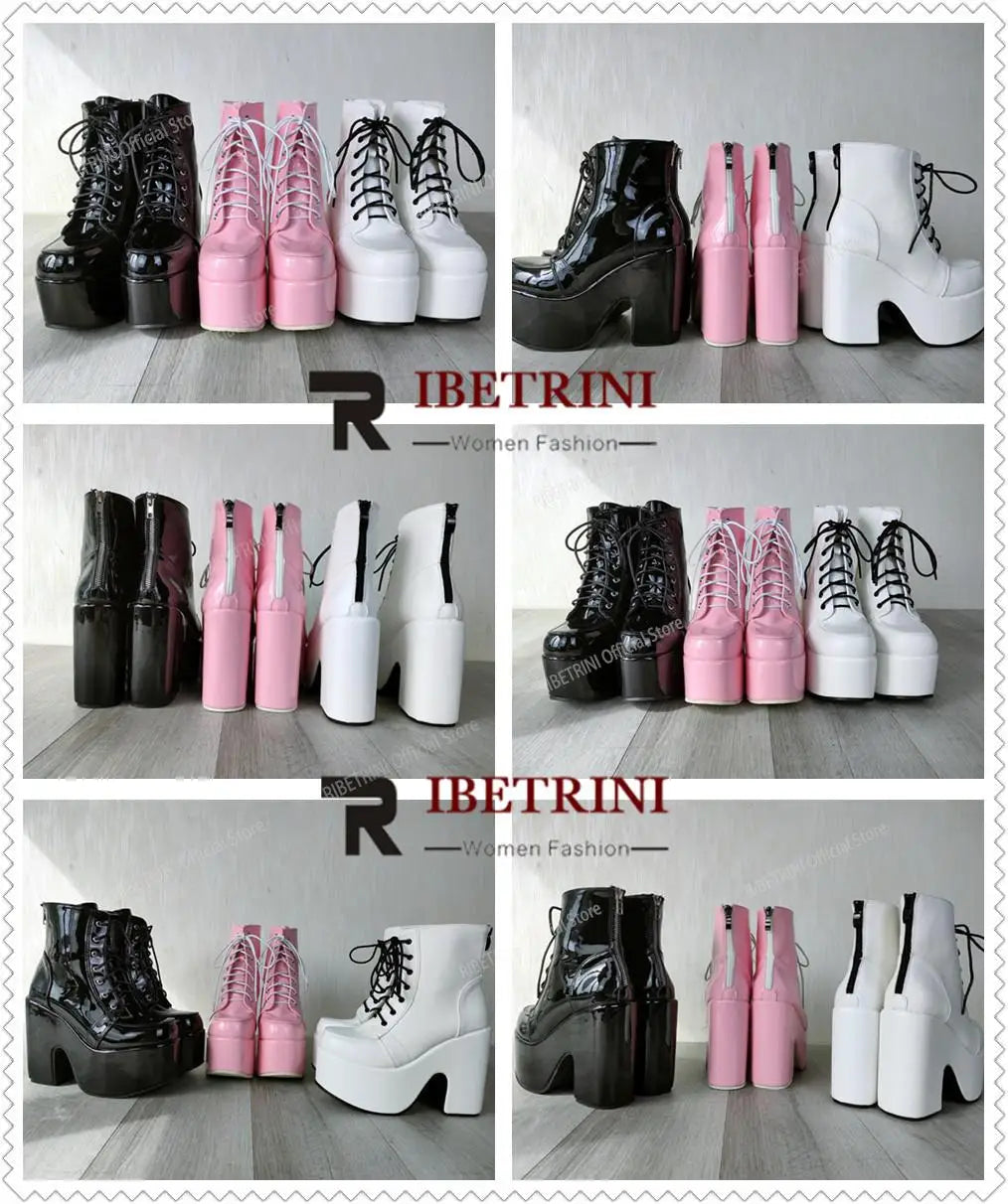 2023 Platform High Heel Cool Punk Fashion Women's High Quality Girls Goth Shoes Black Big Size 43 Cross-tied Casual Luxury Boots