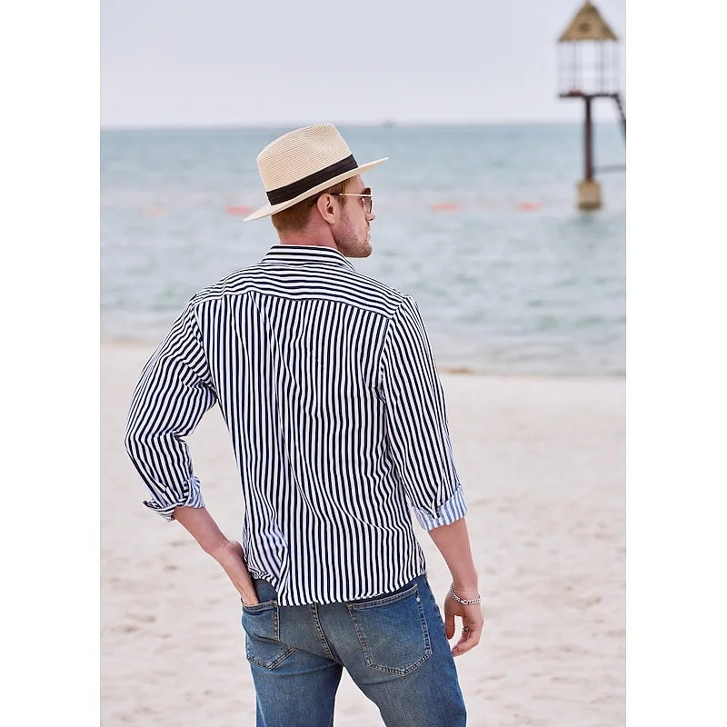 2025 Men's Formal Shirt Striped Shirt Button Lapel Soft Shirt Wedding Black White Red Navy Blue Long Sleeve Clothing XS-6XL