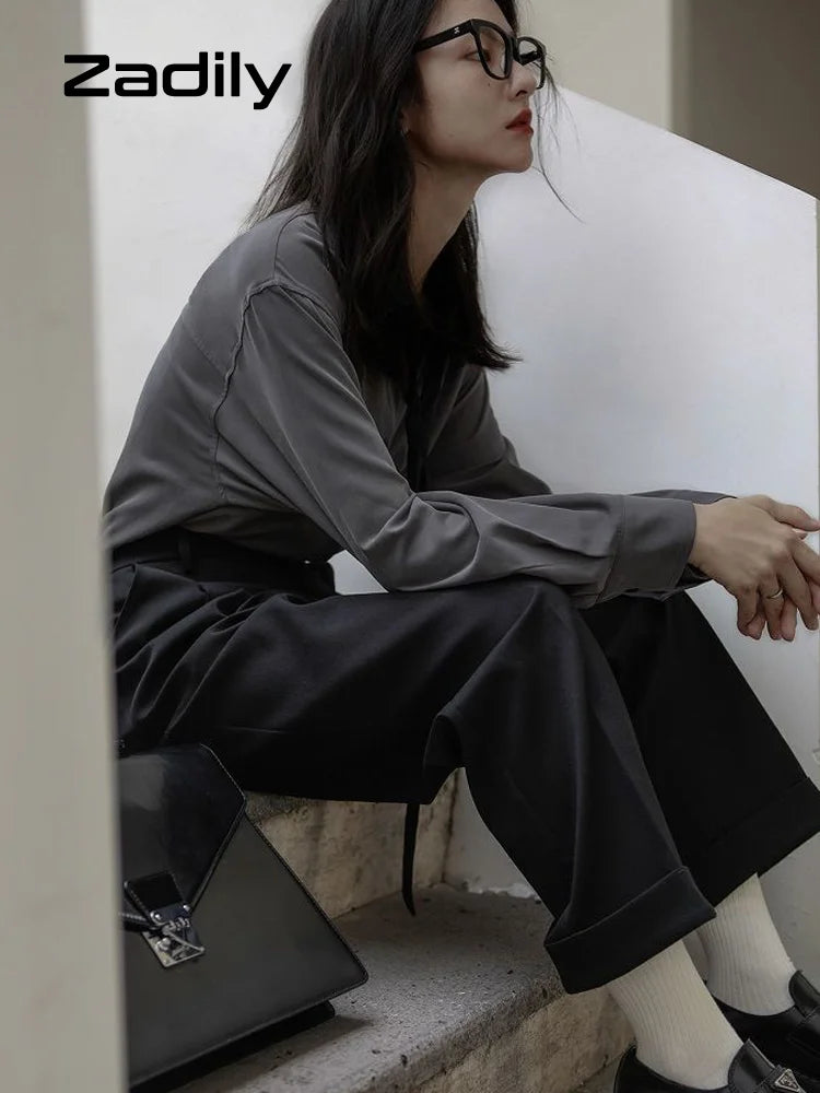 2025 Summer Minimalist Long Sleeve Button Up Shirt Women Korean Style Solid Tie Oversize Shirts Blouse Loose Clothes Autumn Tops