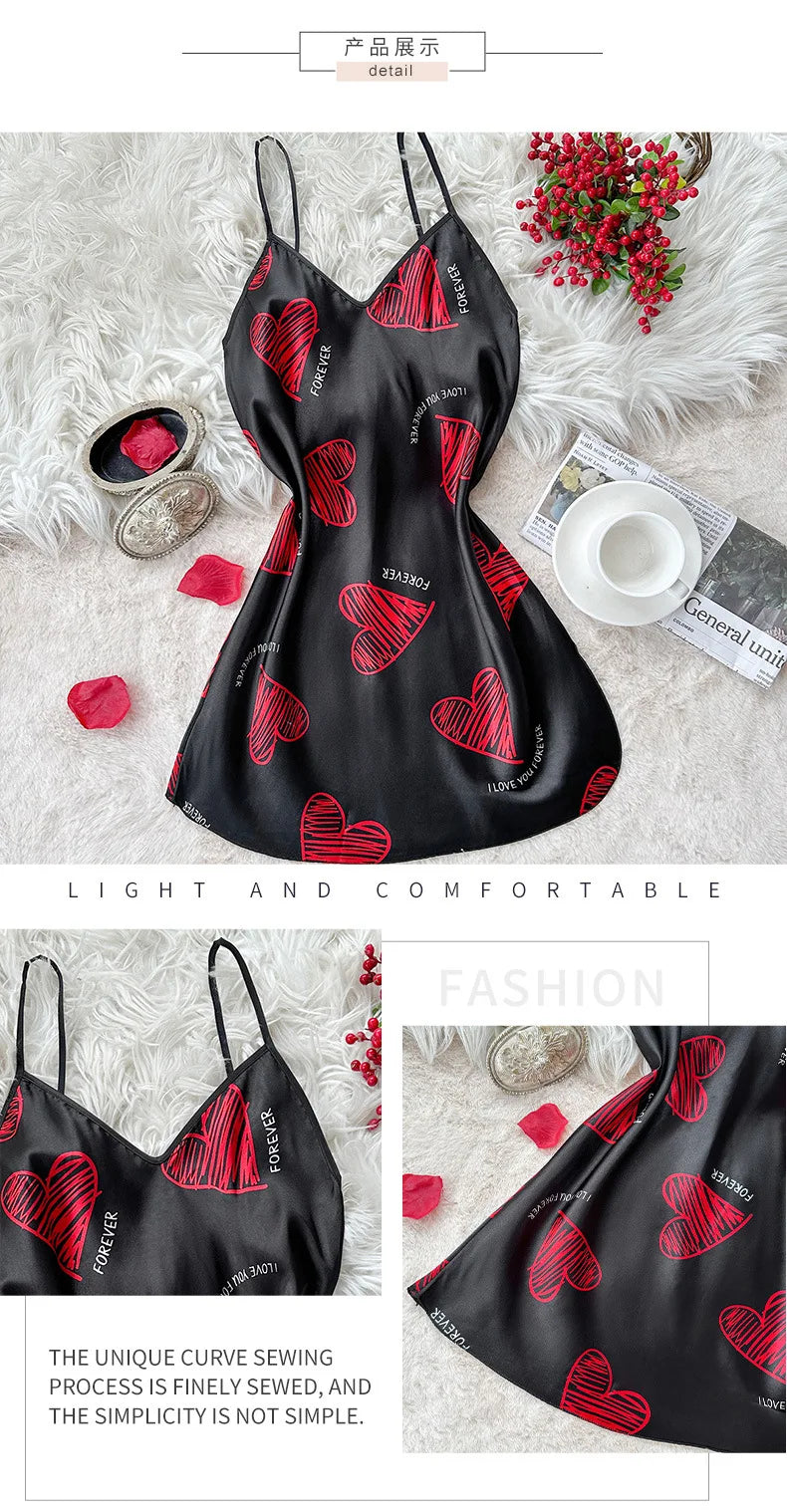 Valentine's Day Red Lip Print Satin Slip Nightdress V Neck Backless Mini Sleep Dress Women's Sleepwear Dresses
