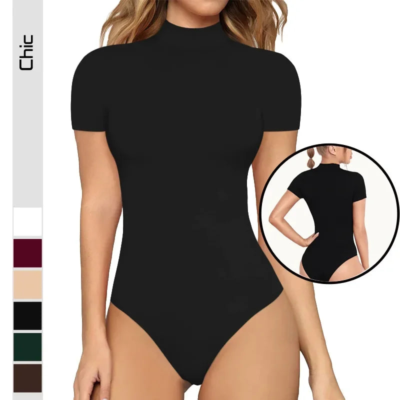 2023SpringSummer New Fashion Europe America Sexy Solid Color Medium High Neck Short Sleeve Casual Elegant Women's Tight Bodysuit