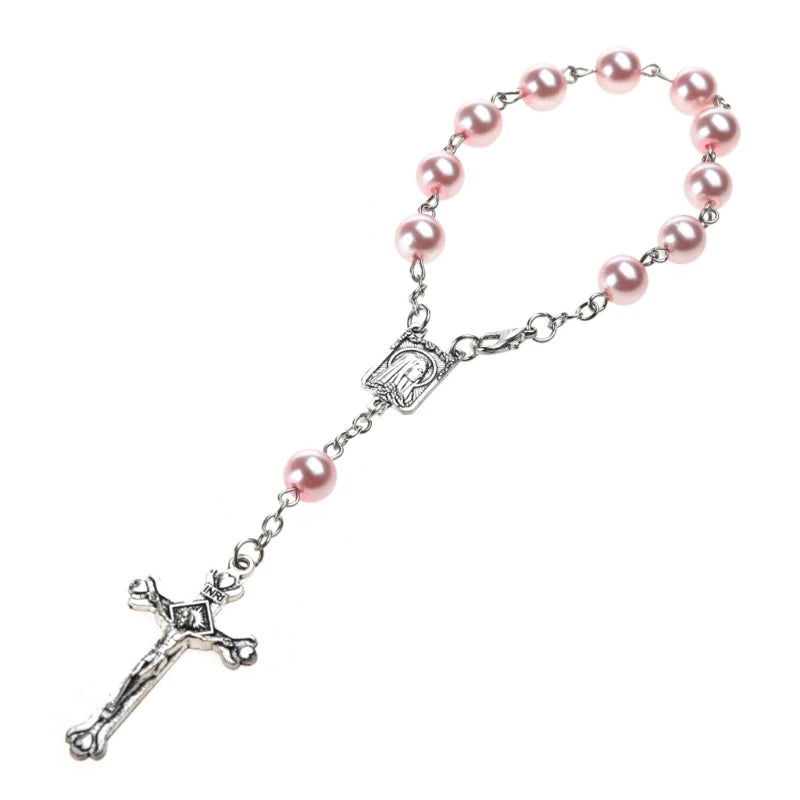 8mm Pearl Finger Rosaries Baptism Rosary Favor Small Rosary with Crosses Party Favor for Communion Baptism Wedding Party