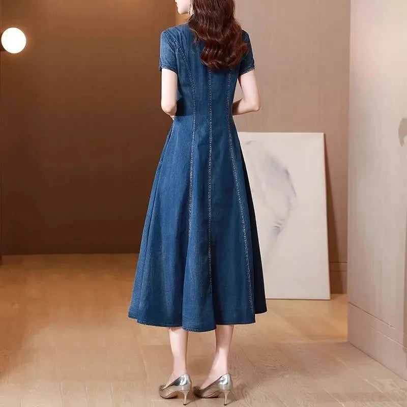 Summer New High End Embroidered Cowboy Dress Women's V-Neck Short Sleeved Temperament Jeans Long Dresses Female Denim Vestidos