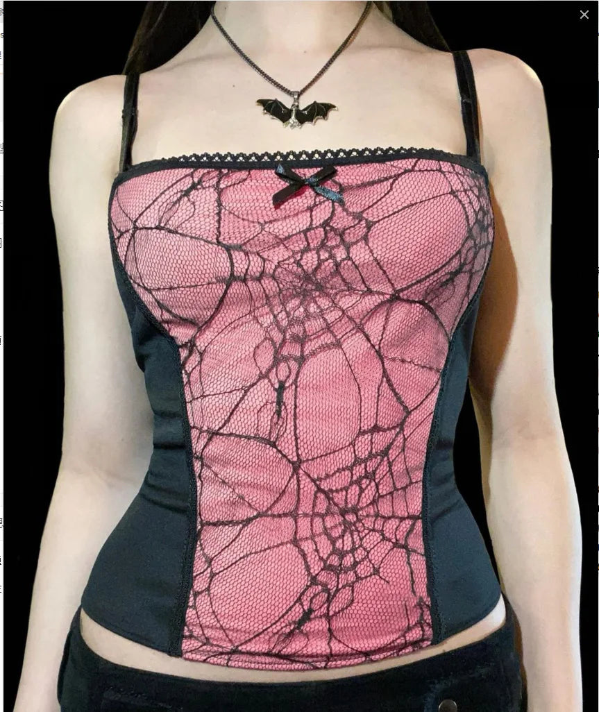 2024 Vintage Gothic Cami Tops Women Mesh Spider Net Lace Tank Vest Female Summer Sexy Club Crop Tops Harajuku 2000s clothes
