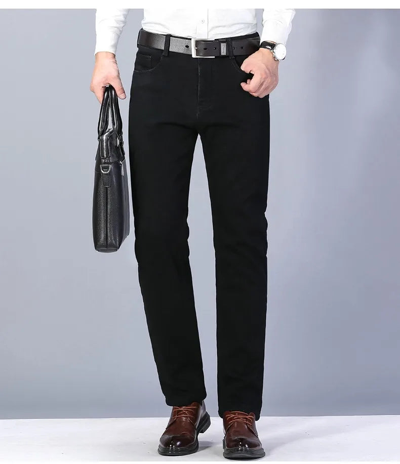 2025 Winter Warm Denim Casual  Fleece  Jeans Men Elasticity  Slim Fit Stretch Thick Velvet Pants Black Grey Blue Jeans