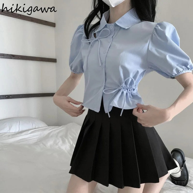 2023 Blusas De Mujer Puff Sleeve Tunic Bow Blouses Women Clothing Crop Tops Hollow Out Folds Summer Shirts Chic Vintage Blouse