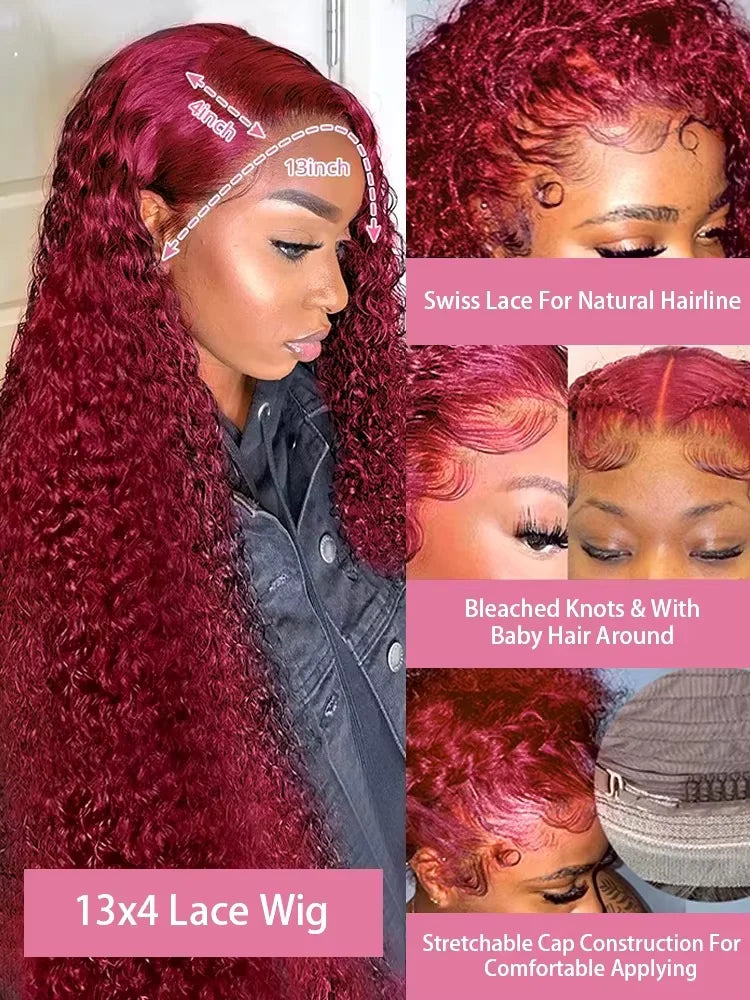 250 Density 13x4 Curly 99J Burgundy Lace Front Wig Red Wine 30 Inch Deep Wave Brazilian HD Glueless Lace Frontal Human Hair Wigs Viralgem Store
