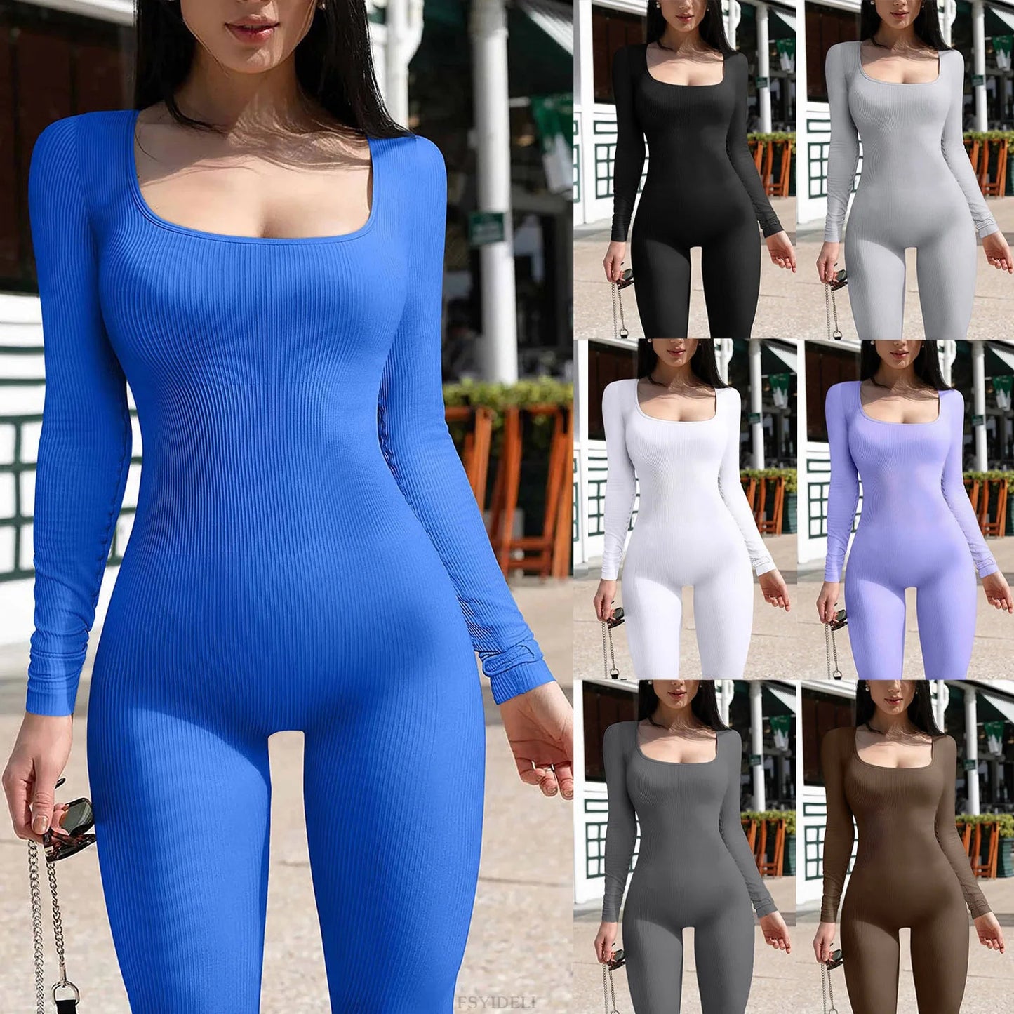 Women Elegant Skinny Jumpsuits Fall Winter Solid Ribbed Knit Long Sleeve Jumpsuit Y2k Square Neck Bodycon Sport Playsuits Female Viralgem Store