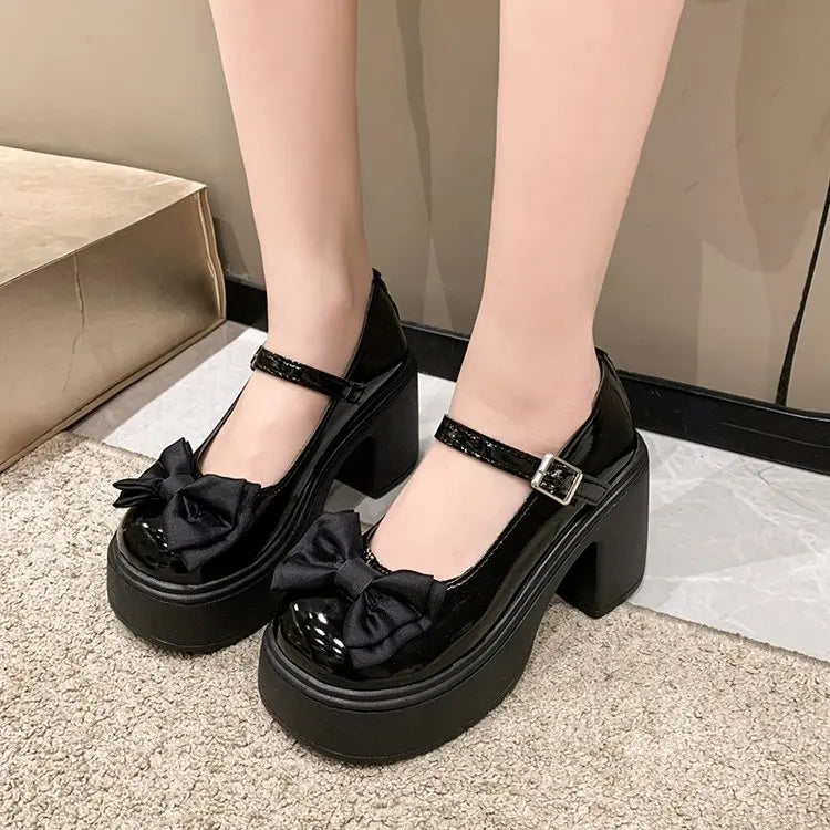 White Round Toe Platform High Heels Women Mary Jane Shoes Retro Bows Elegant Chunky Heel Women's Wedding Shoes Viralgem Store