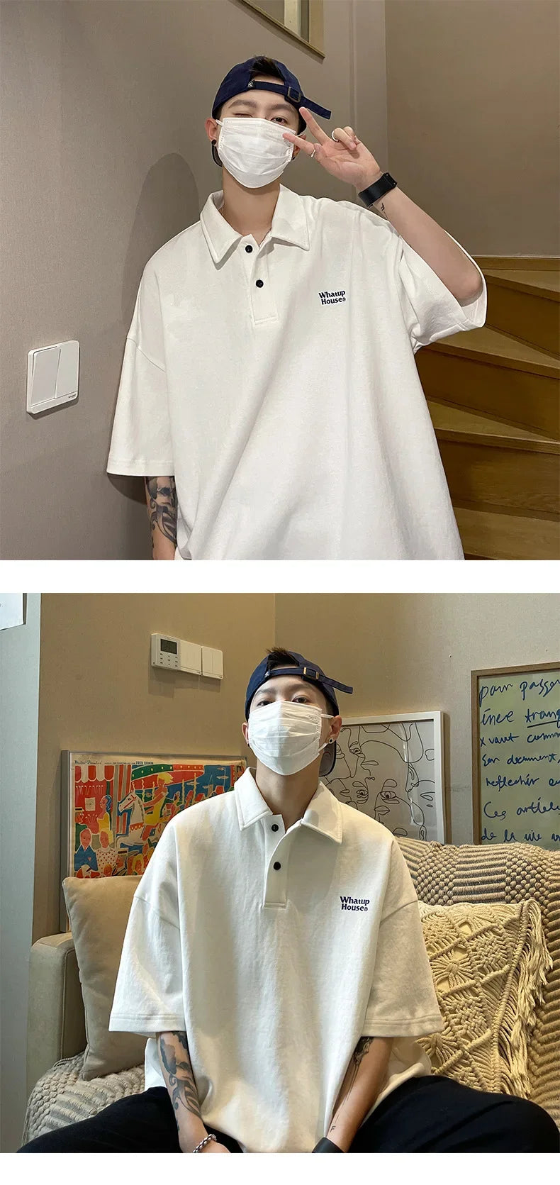 Trendy Polo Shirt Loose Fit Casual Men's Lapel Top Hk Style Hip Hop Short Sleeve T-shirt Fashion Outerwear