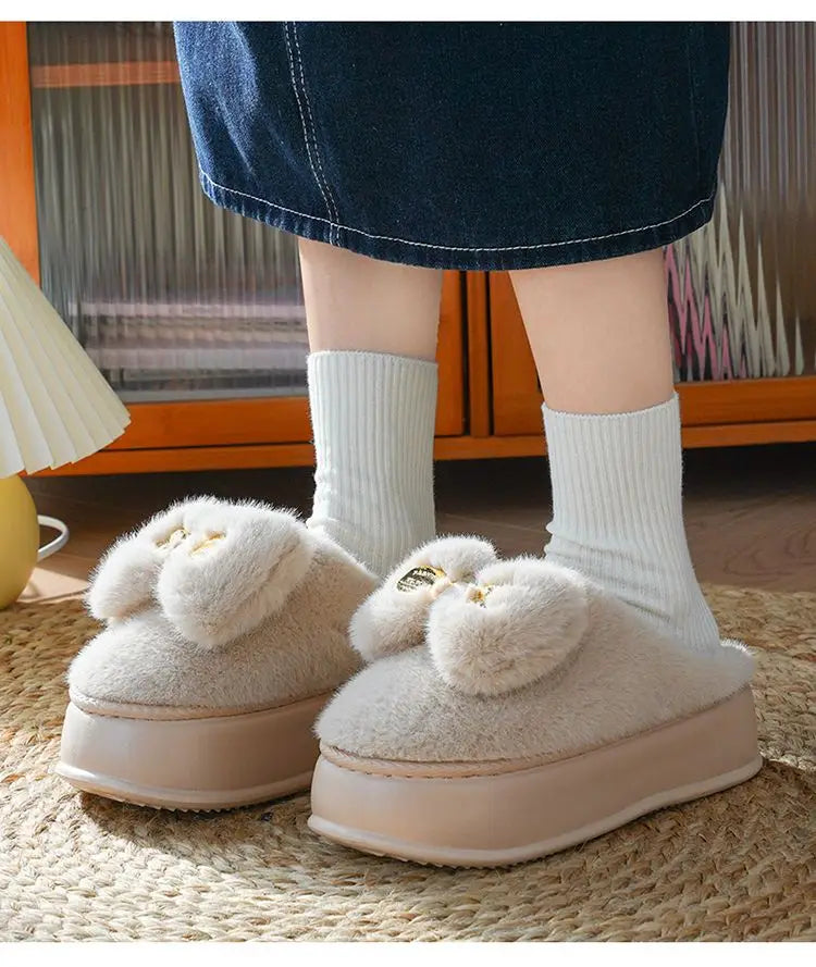 8 cm High platform fur slippers women's winter fluffy ear home shoes woman white bunny rabbit slippers woman house clog shoes