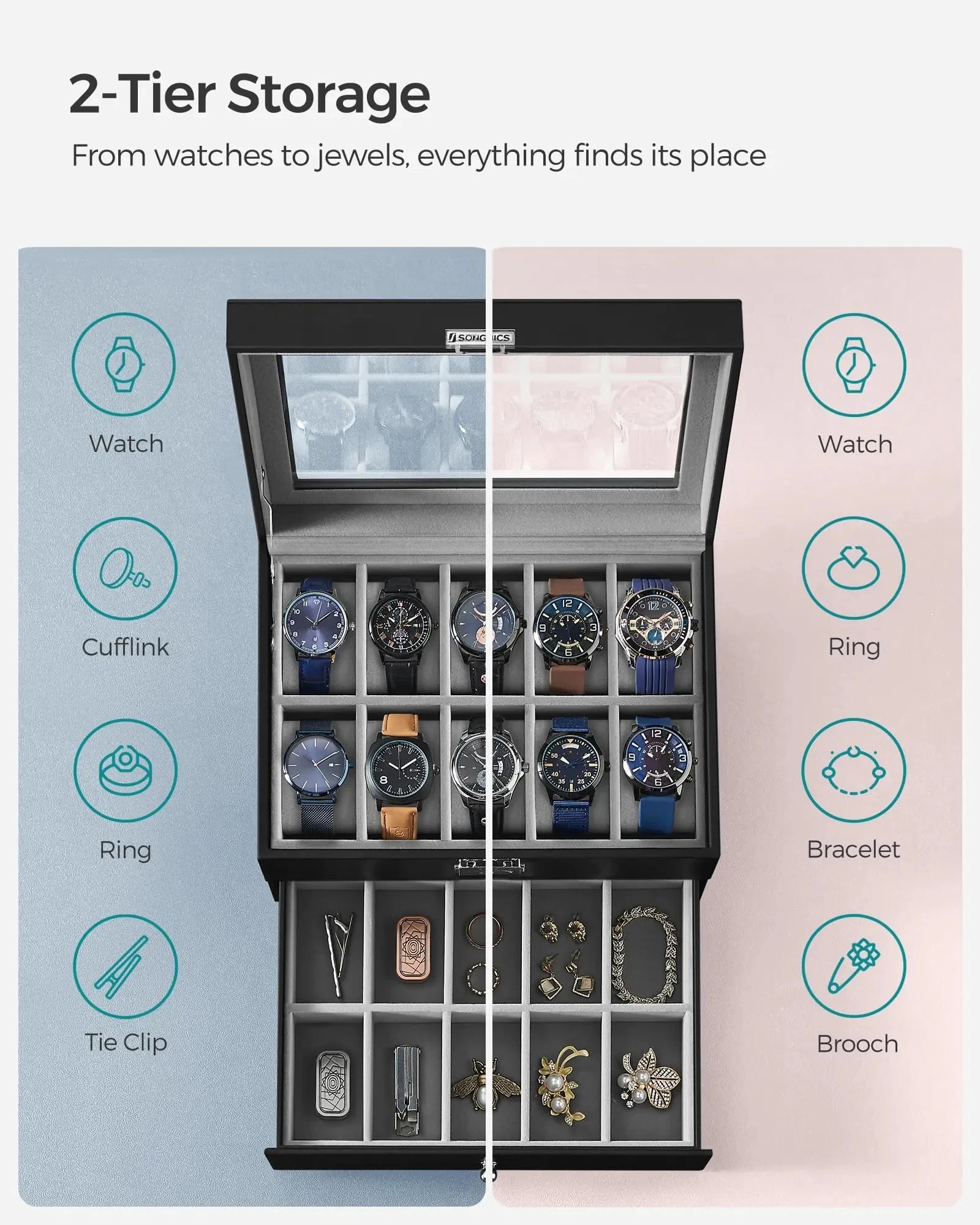 20-Slot Watch Organizer Case, Watch Case with Glass Lid, 2 Layers, Lockable Watch Display Case, Black Synthetic Leather, Gray Viralgem Store