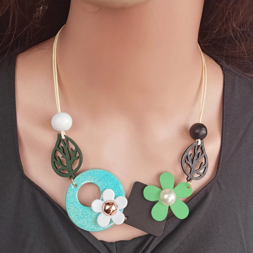 Vintage Ethnic Geometric Wooden Bib Necklace Women Wood Leaves Flower Collar Handmade Adjustable Choker Long Necklaces Pendants Viralgem Store