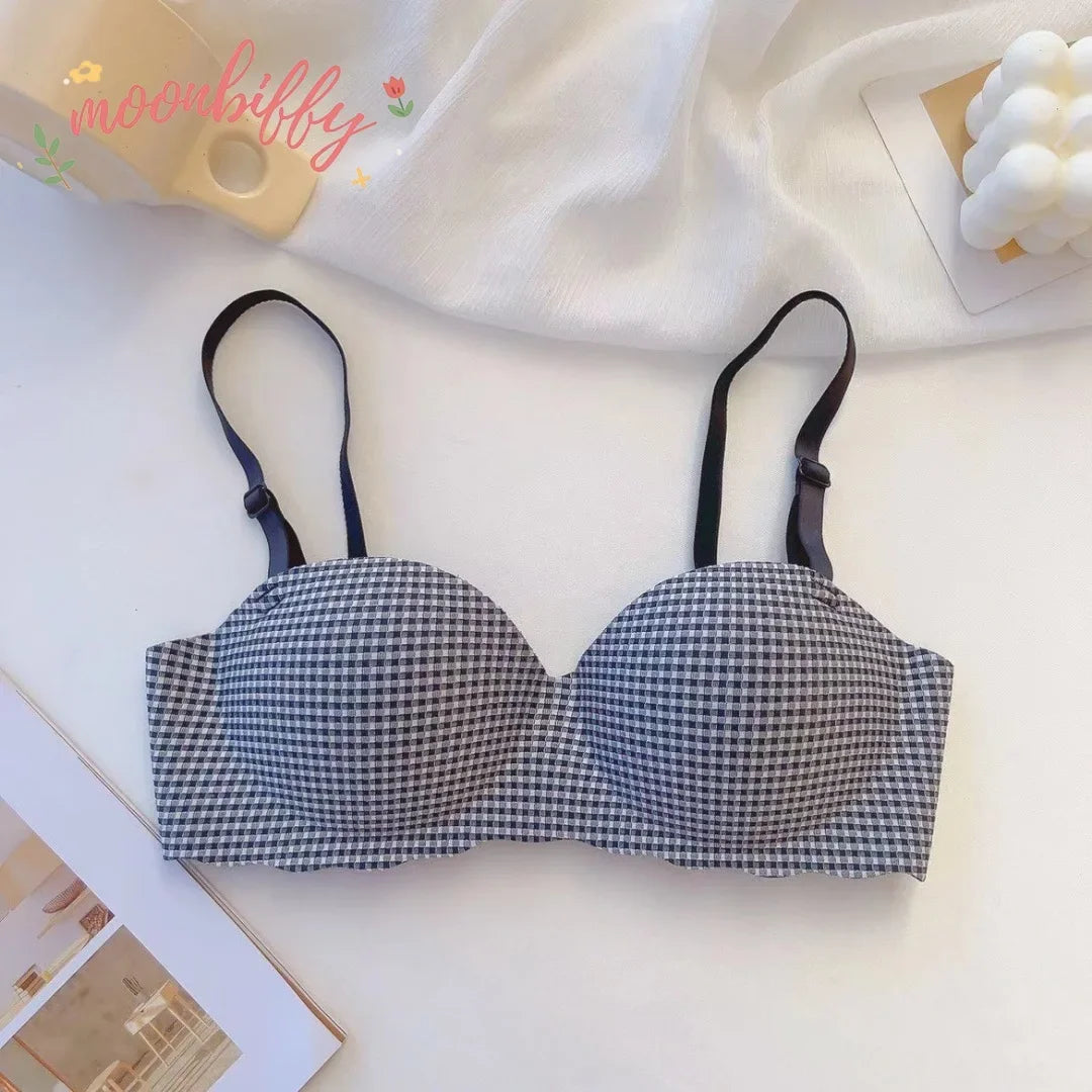 Women Ice Bra One Cup Thick Comfortable Without Steel Ring Lingerie Sexy Push Up Bralette Underwear Fashion Plaids Pattern Bra Viralgem Store